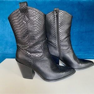 Black Faux Snakeskin Heeled Cowgirl Boots, Size 8.5, NWOT